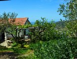 Blick vom Olivenhain aufs Haus und das Meer